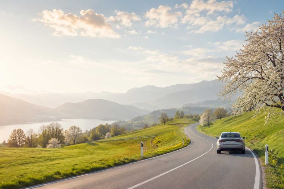 Ein Auto fährt in den Schweizer Voralpen am See entlang.