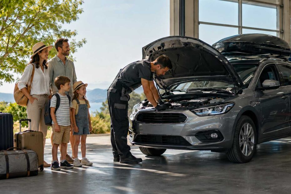 Family of four with suitcases watches a mechanic inspect a silver SUV with its hood open in a sunny auto service shop.
